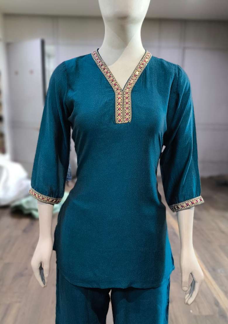 Teal Embroidered Silk Co-Ords Set - Indya