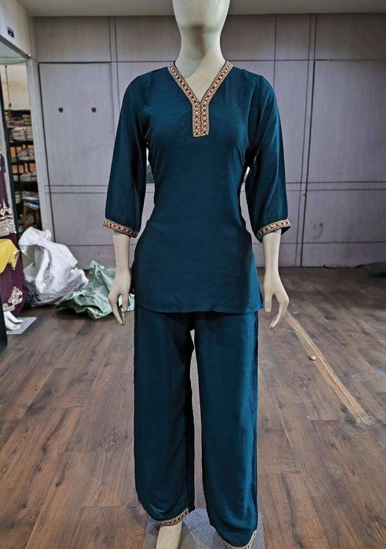 Teal Embroidered Silk Co-Ords Set - Indya