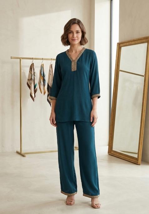 Teal Embroidered Silk Co-Ords Set