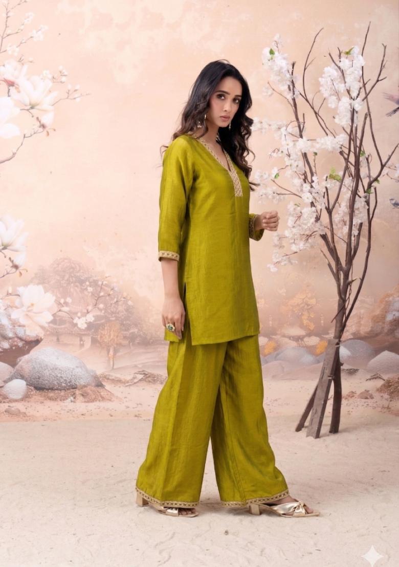 Yellow Embroidered Silk Co-Ords Set - Indya