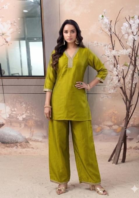 Yellow Embroidered Silk Co-Ords Set