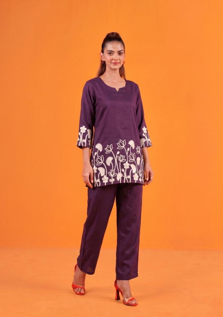Wine Embroidered Cotton Co-Ords Set - Indya