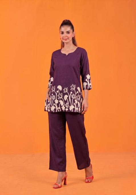 Wine Embroidered Cotton Co-Ords Set