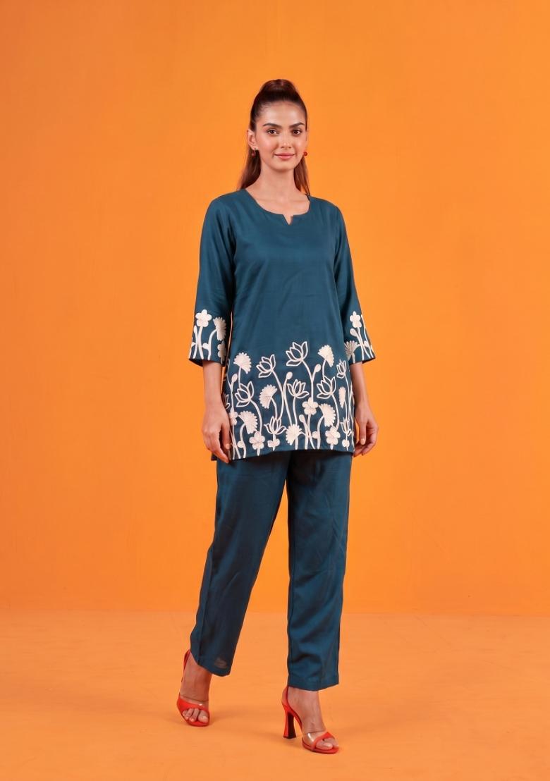 Teal Embroidered Cotton Co-Ords Set - Indya