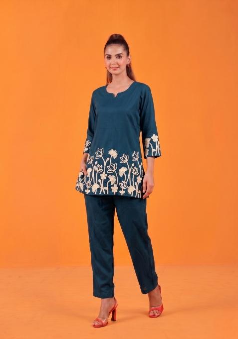 Teal Embroidered Cotton Co-Ords Set