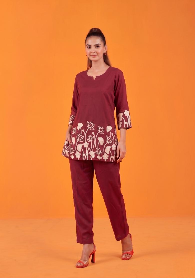 Maroon Embroidered Cotton Co-Ords Set - Indya