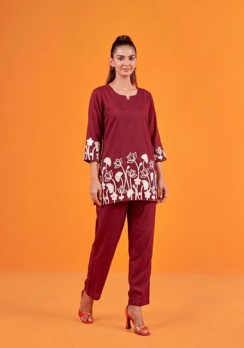 Maroon Embroidered Cotton Co-Ords Set