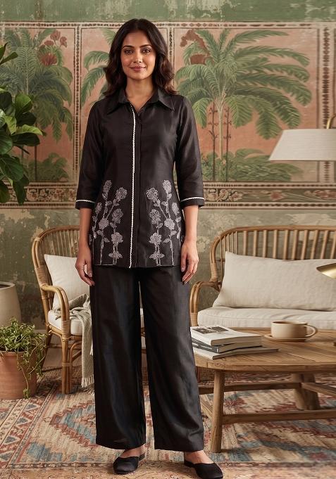 Black Embroidered Cotton Co-Ords Set