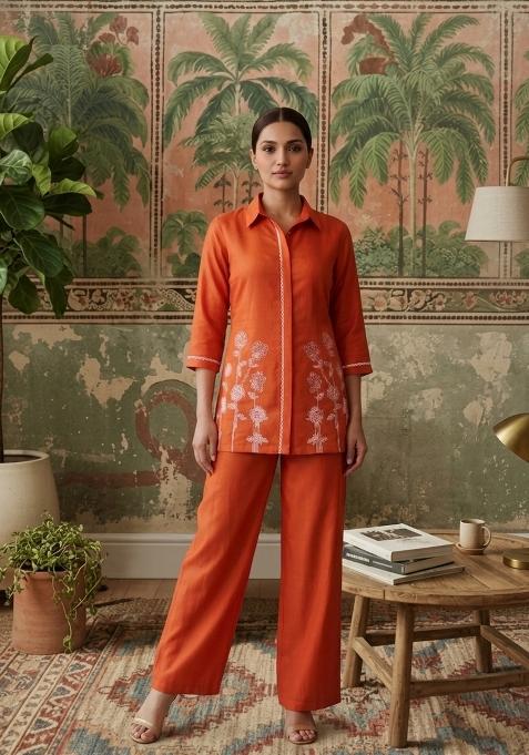 Orange Embroidered Cotton Co-Ords Set