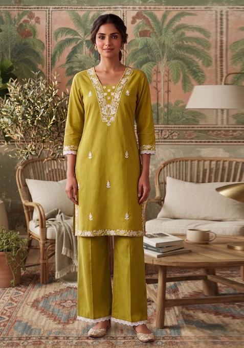 Yellow Embroidered Cotton Co-Ords Set