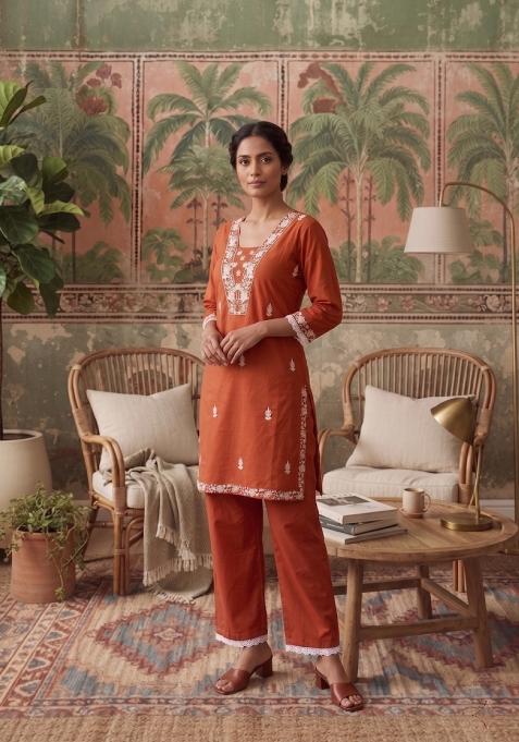 Orange Embroidered Cotton Co-Ords Set