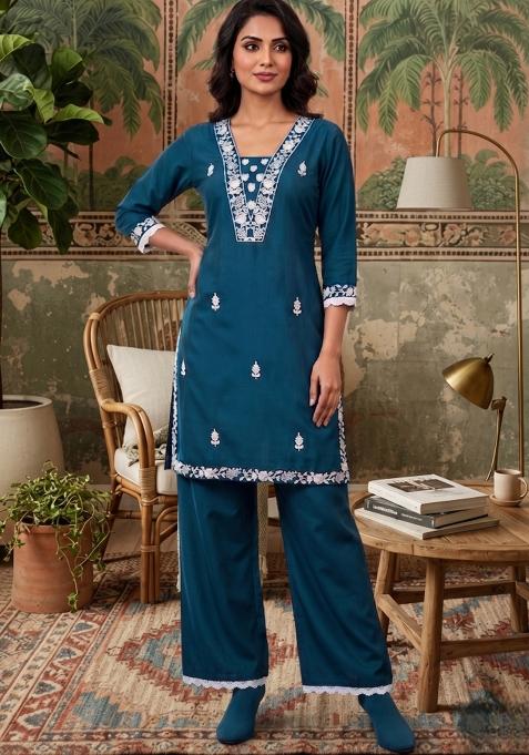 Teal Embroidered Cotton Co-Ords Set
