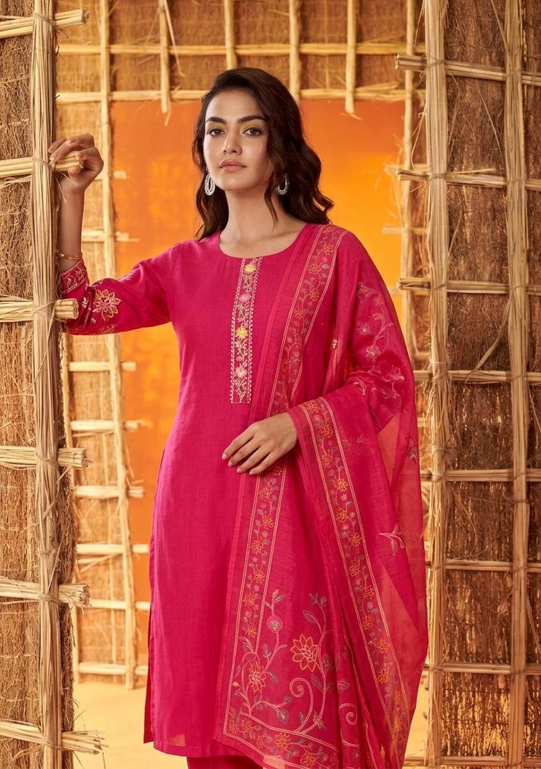 Pink Embroidered Cotton Salwar Kameez - Indya