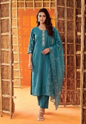 Teal Embroidered Cotton Salwar Kameez