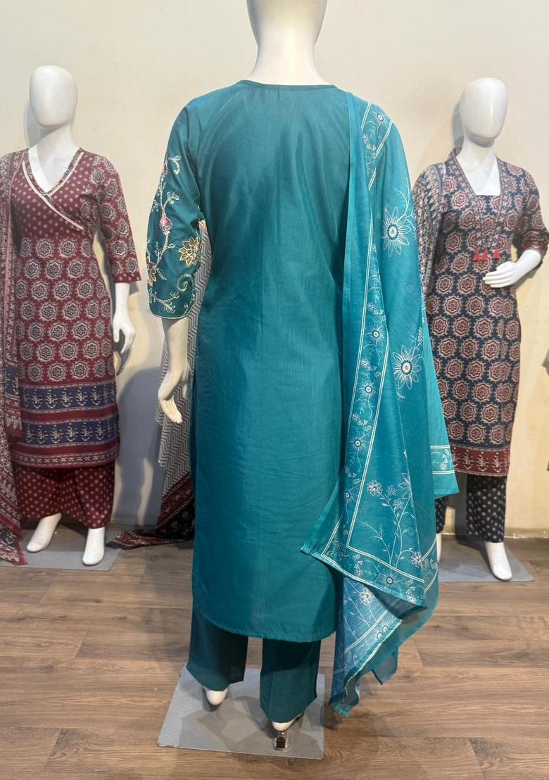Teal Embroidered Cotton Salwar Kameez - Indya