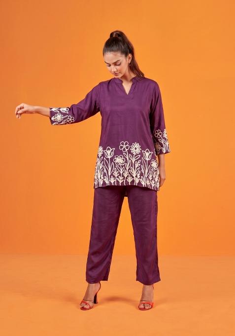 Wine Embroidered Cotton Co-Ords Set