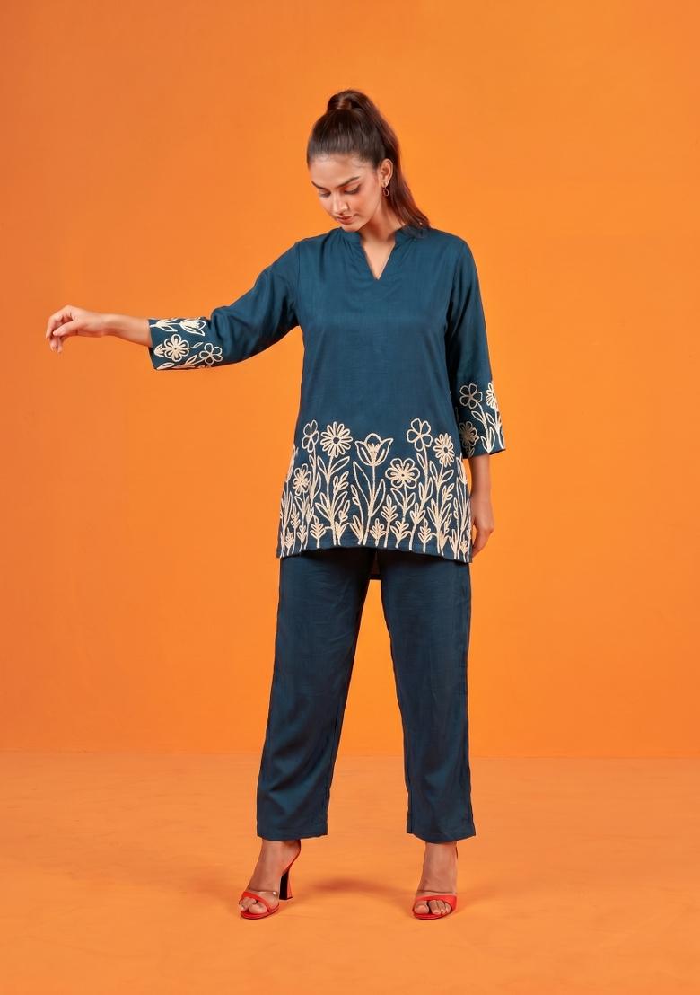 Teal Embroidered Cotton Co-Ords Set - Indya