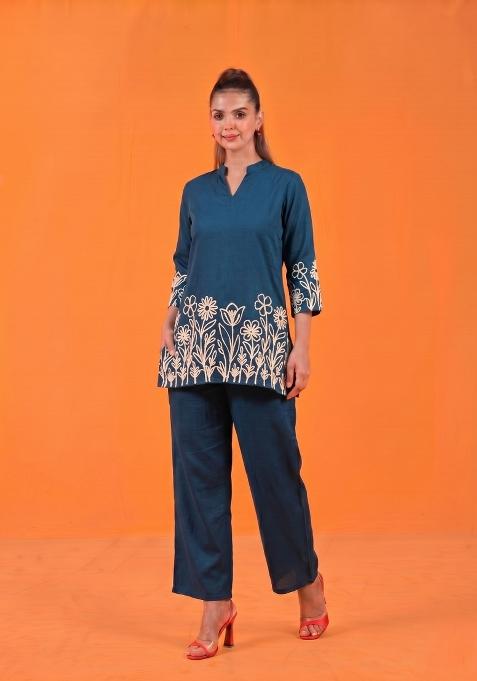 Teal Embroidered Cotton Co-Ords Set