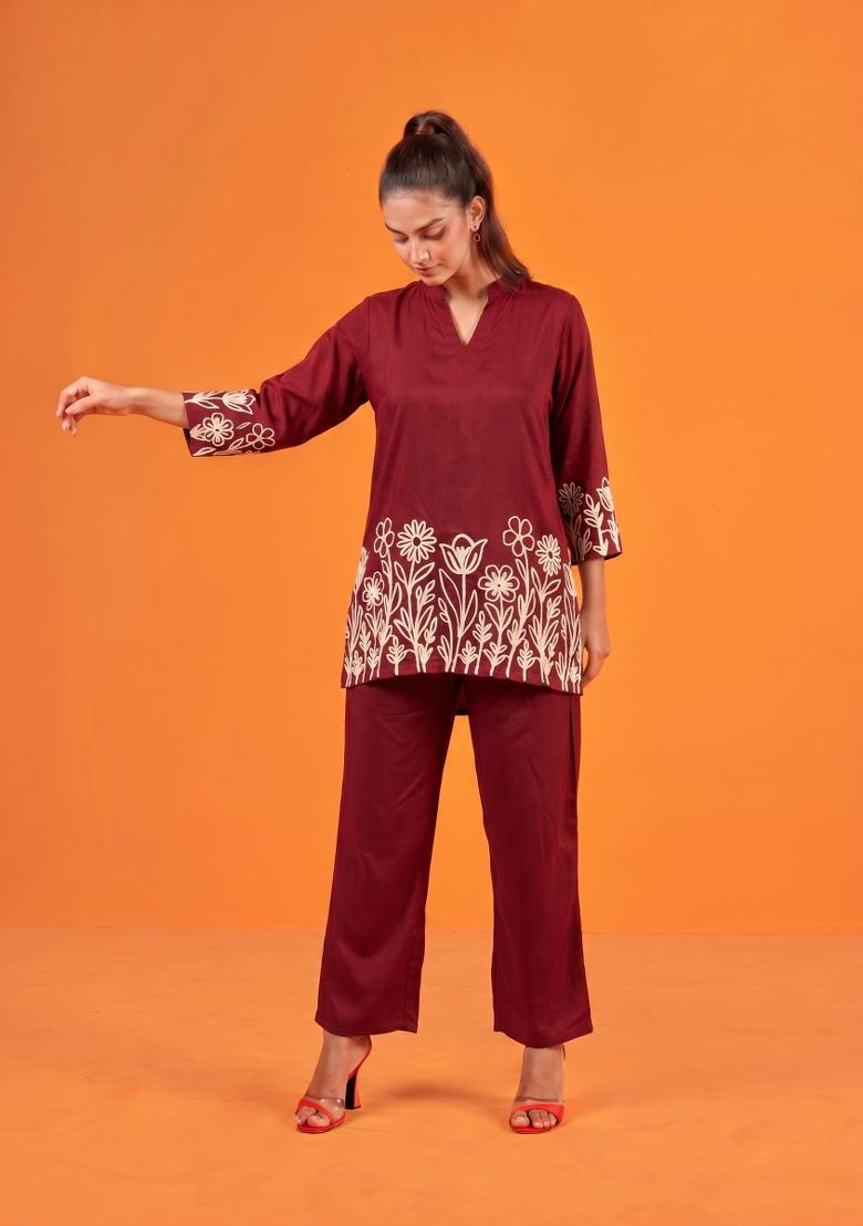 Maroon Embroidered Cotton Co-Ords Set - Indya