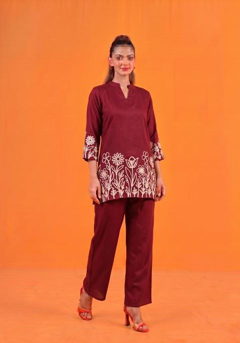 Maroon Embroidered Cotton Co-Ords Set