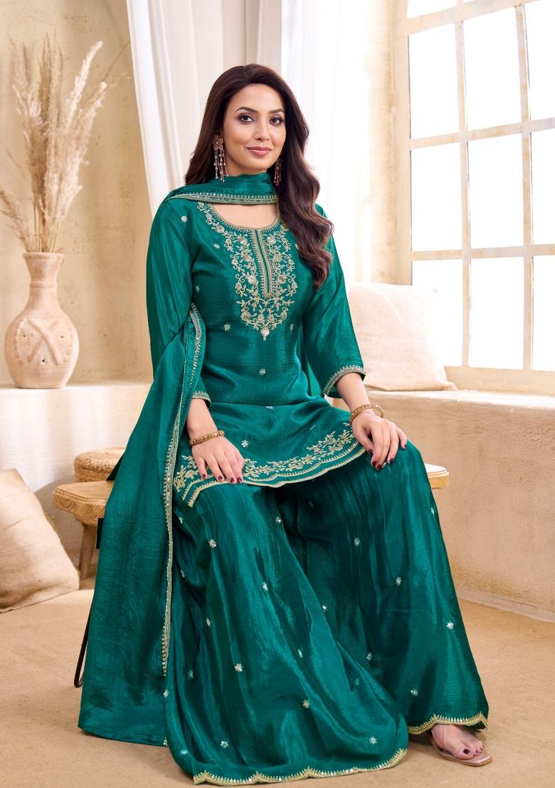 Teal Coading Work Chinon Salwar Kameez - Indya