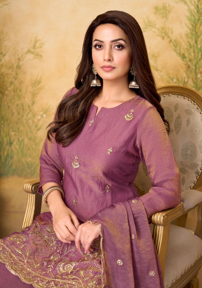 Light Purple Coading Work Silk Blend Salwar Kameez - Indya