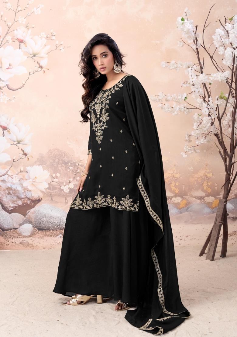 Black Coading Work Silk Blend Salwar Kameez - Indya