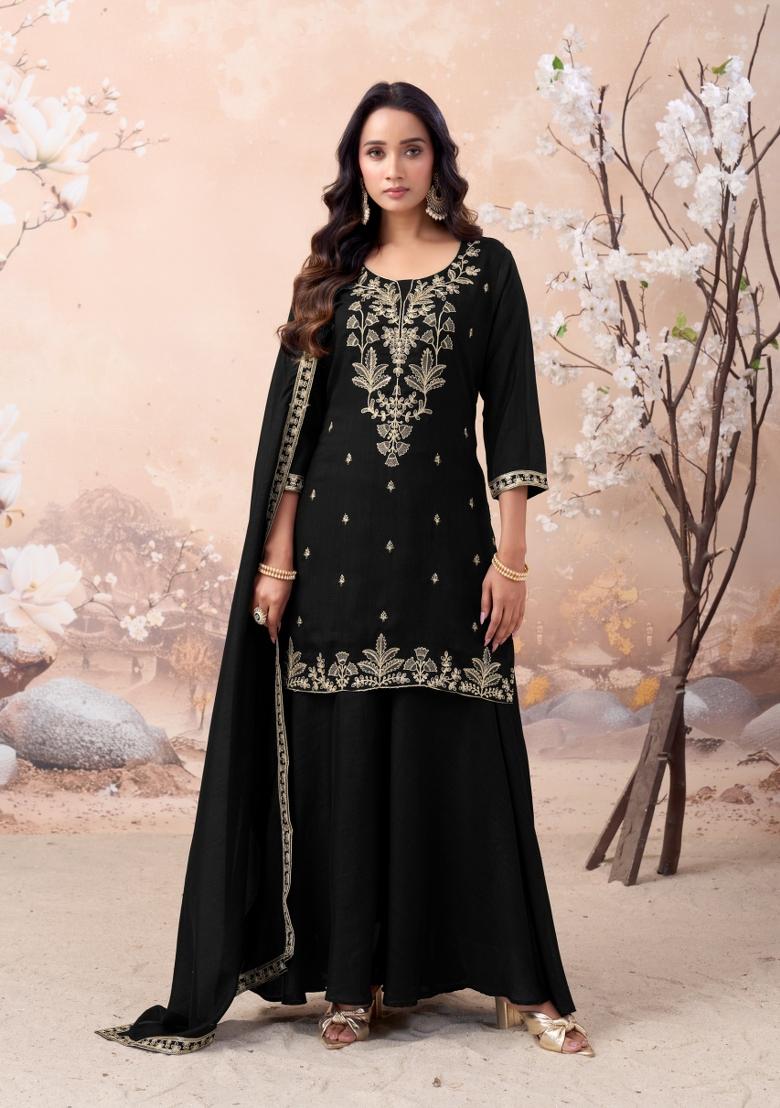 Black Coading Work Silk Blend Salwar Kameez - Indya