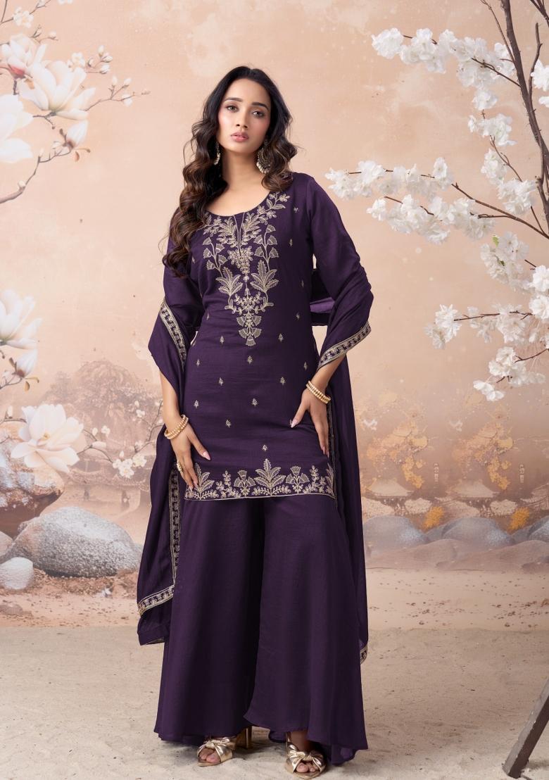 Purple Coading Work Silk Blend Salwar Kameez - Indya