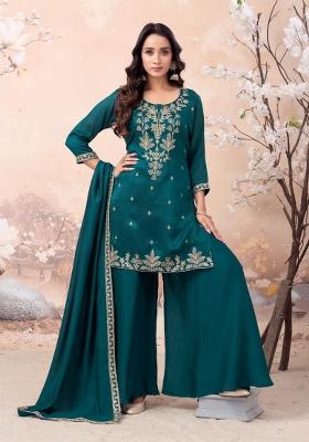 Teal Coading Work Silk Blend Salwar Kameez