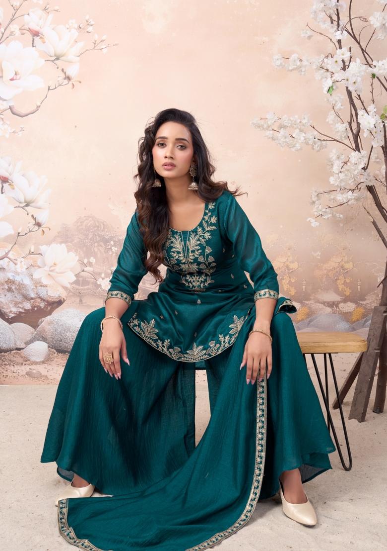 Teal Coading Work Silk Blend Salwar Kameez - Indya