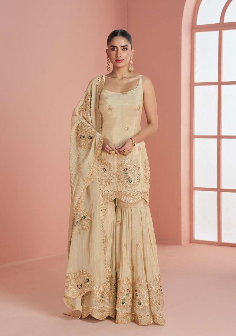 Beige Silk Blend Kurta Set - Indya