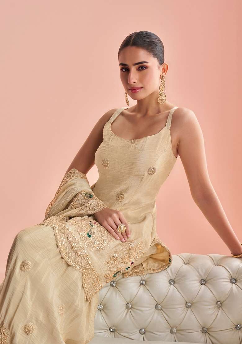 Beige Silk Blend Kurta Set - Indya