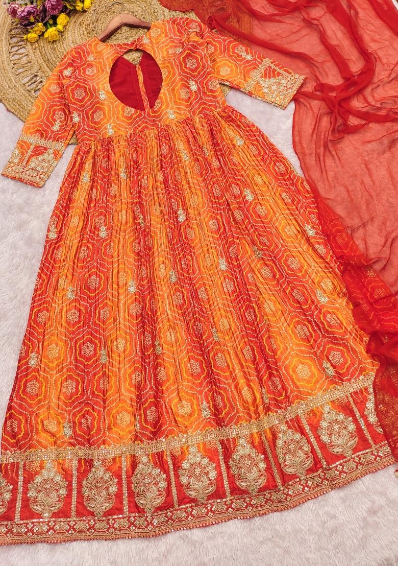 Orange Zari Work Silk Blend Anarkali Set - Indya
