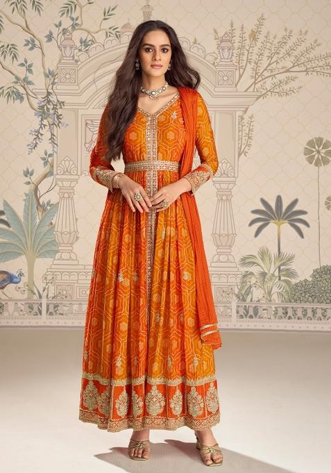 Orange Zari Work Silk Anarkali Set