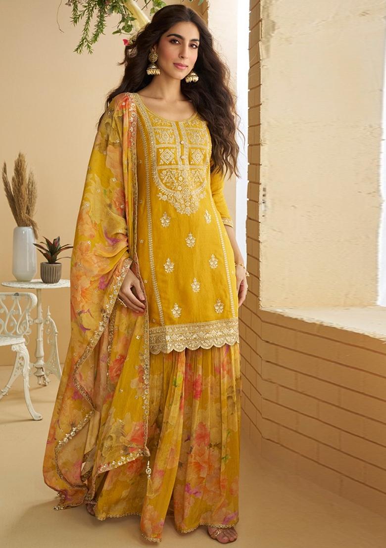 Mustard Embroidered Silk Blend Kurta Set - Indya