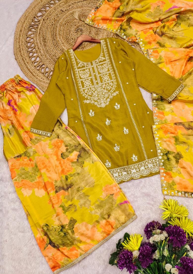 Mustard Embroidered Silk Blend Kurta Set - Indya