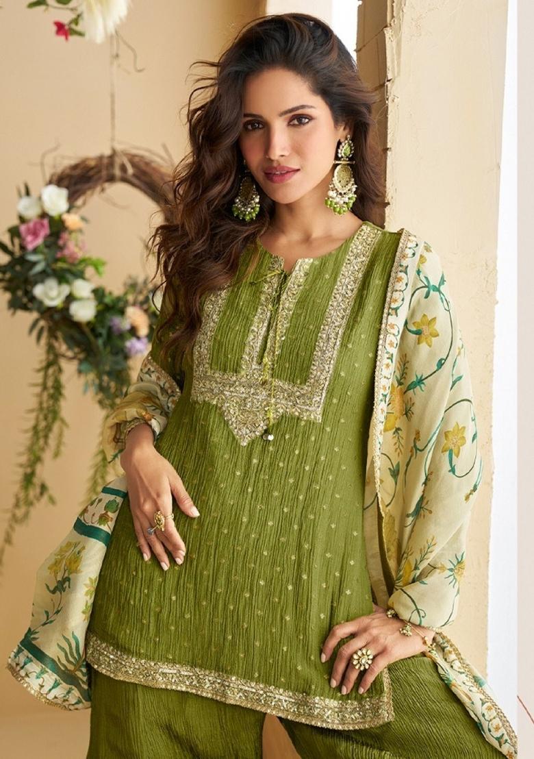 Green Embroidered Silk Blend Kurta Set - Indya