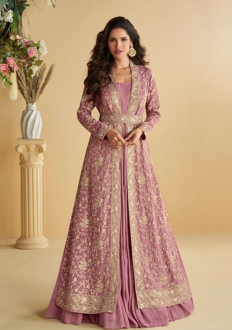 Pink Embroidered Silk Blend Anarkali Set - Indya