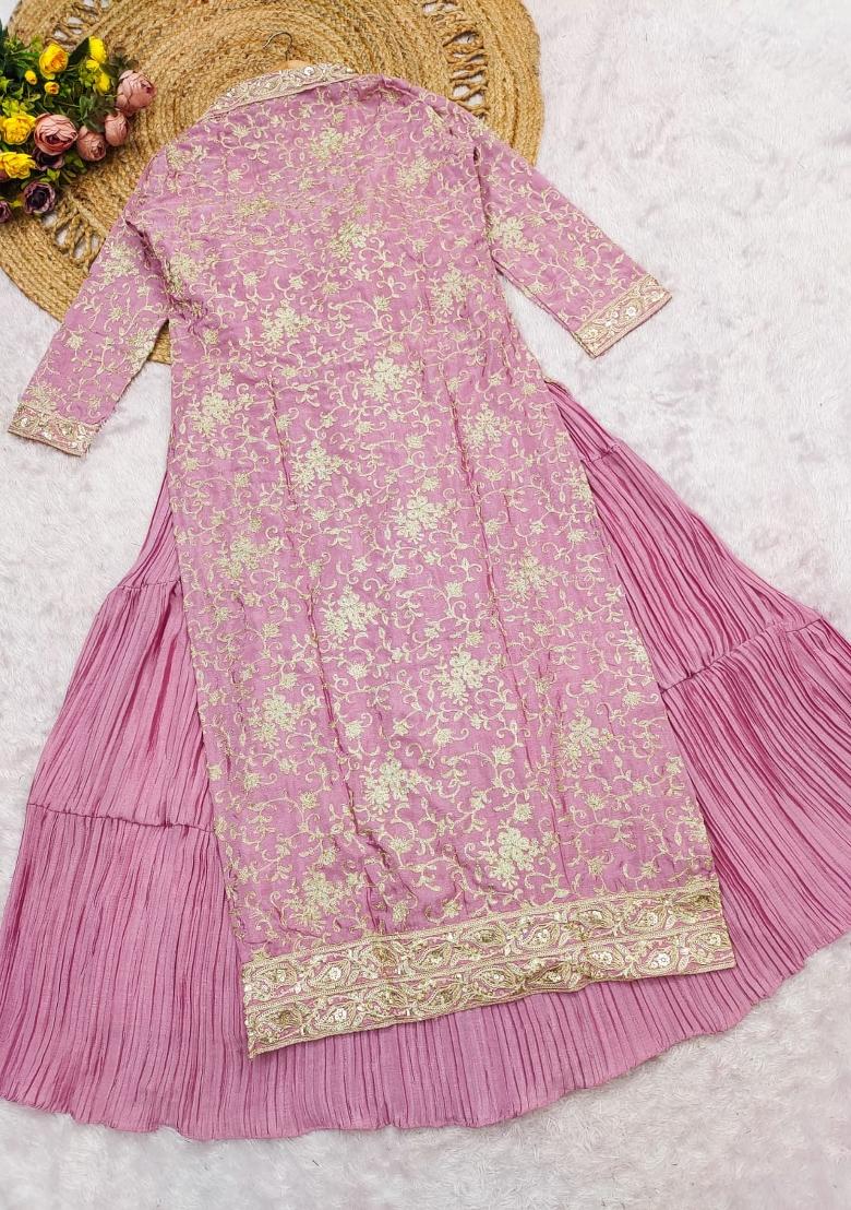 Pink Embroidered Silk Blend Anarkali Set - Indya