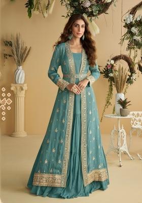 Blue Embroidered Silk Blend Anarkali Set