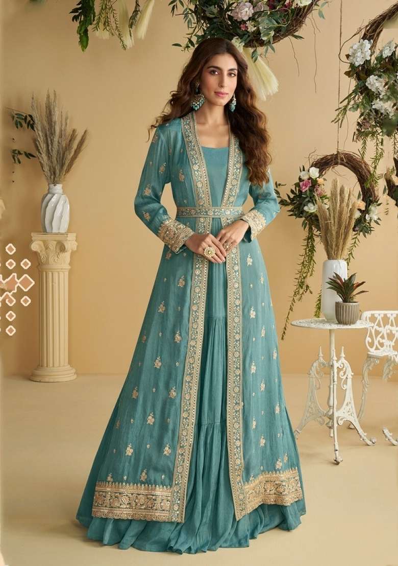 Blue Embroidered Silk Blend Anarkali Set - Indya