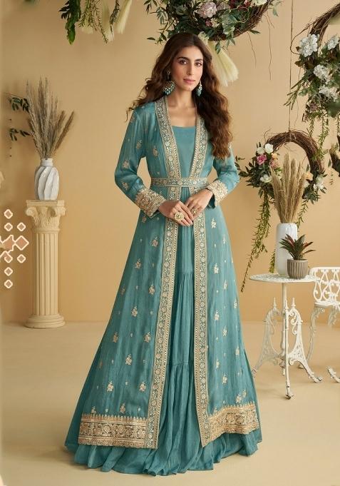 Blue Embroidered Silk Anarkali Set