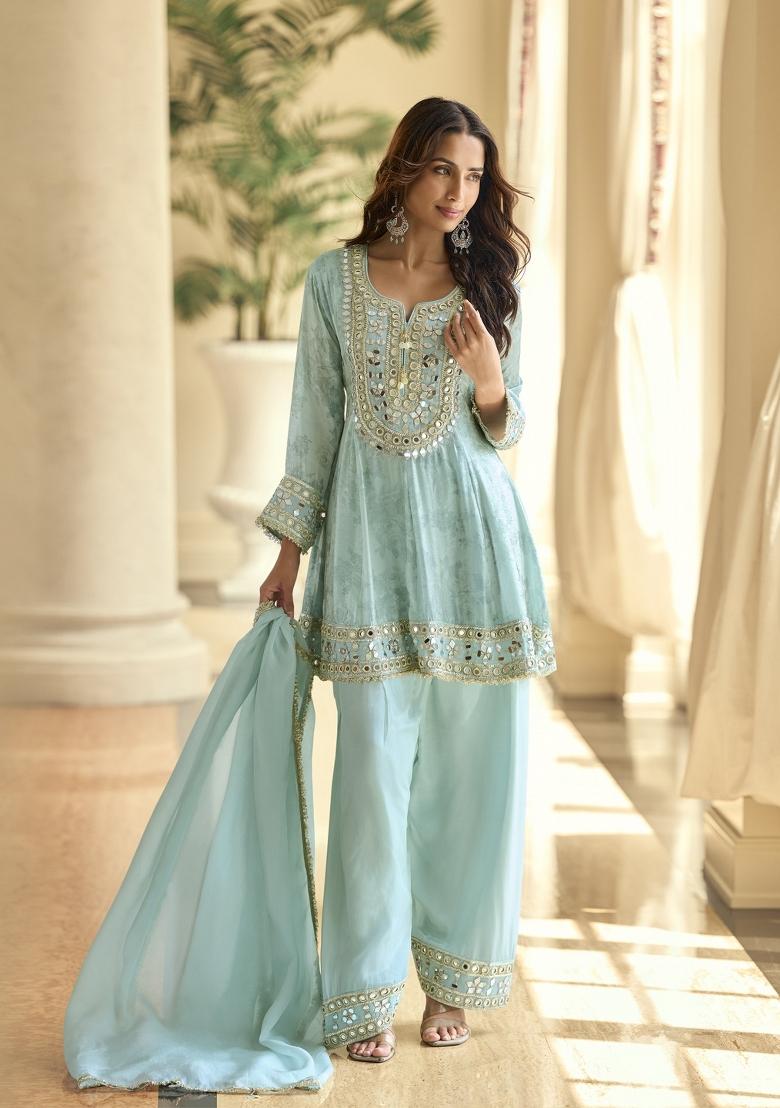 Sky Blue Mirror Work Silk Blend Kurta Set - Indya
