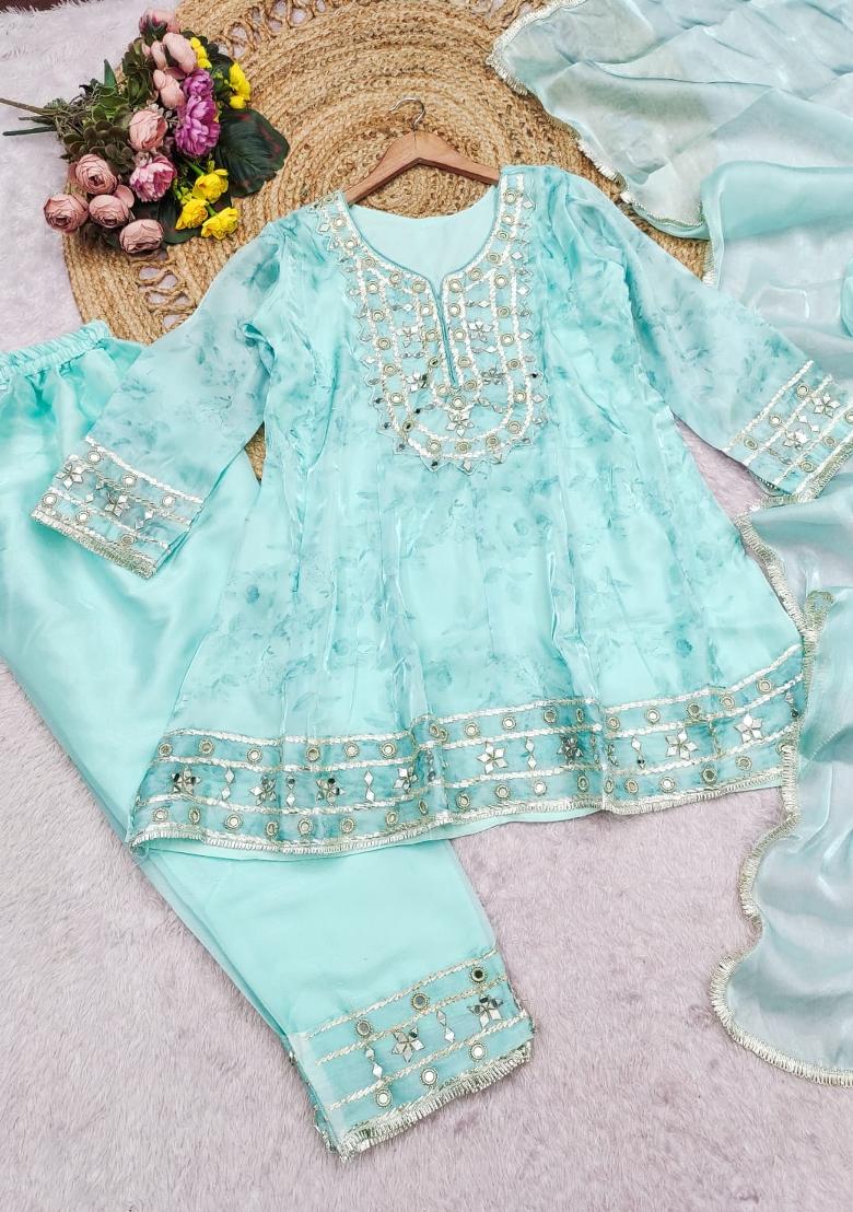 Sky Blue Mirror Work Silk Blend Kurta Set - Indya