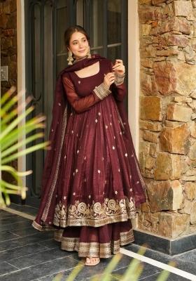 Chocolate Embroidered Silk Blend Anarkali Set