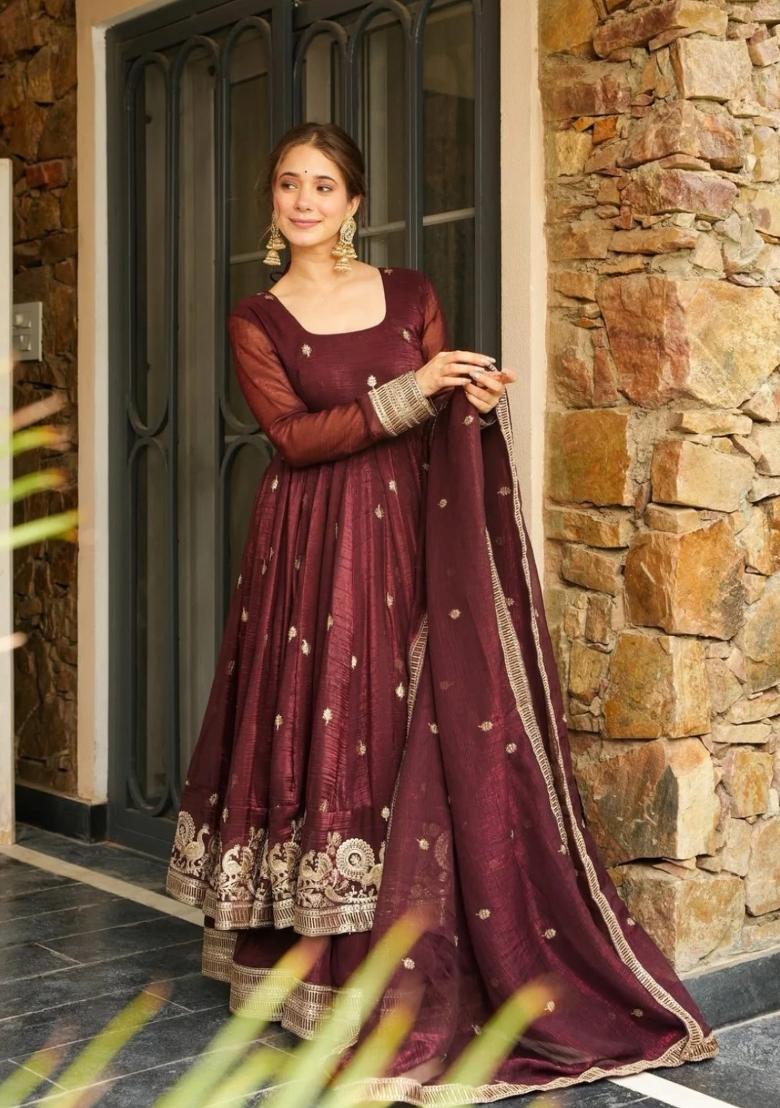 Chocolate Embroidered Silk Blend Anarkali Set - Indya