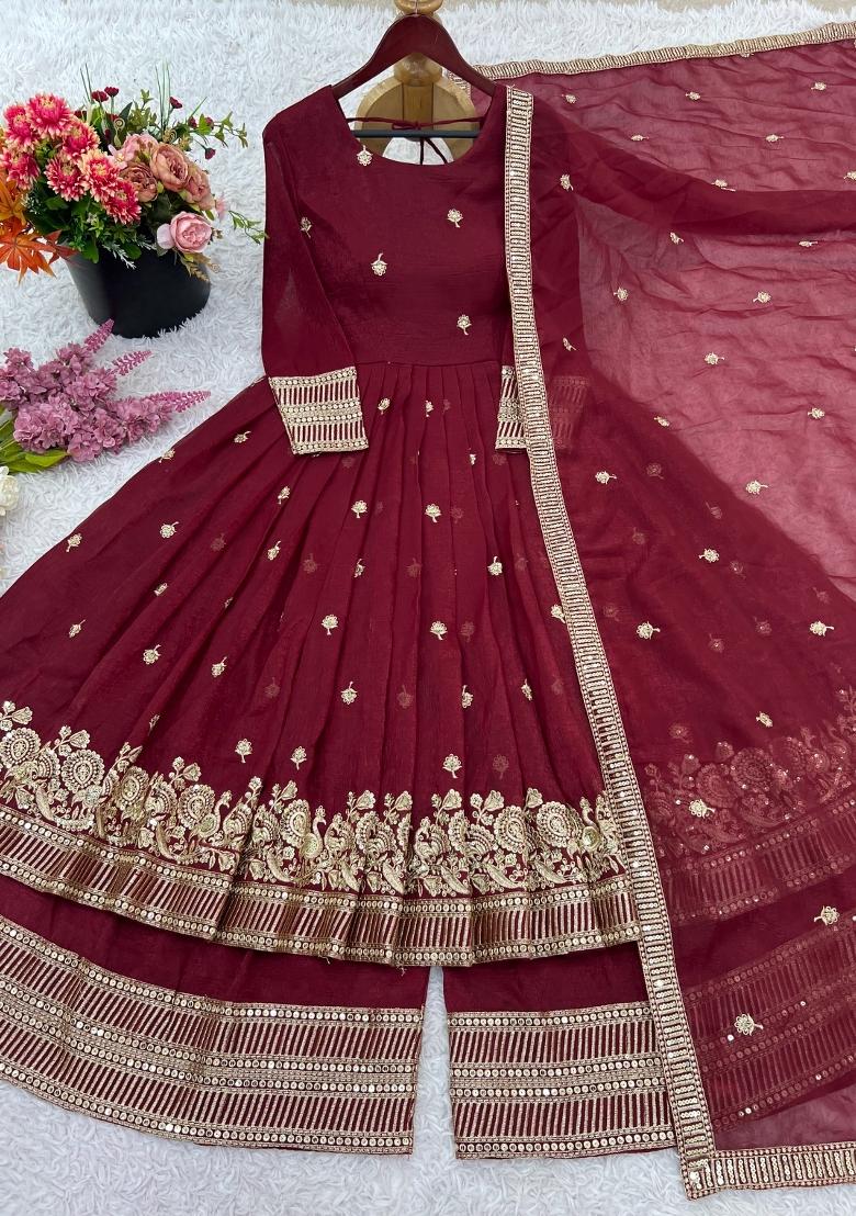 Chocolate Embroidered Silk Blend Anarkali Set - Indya