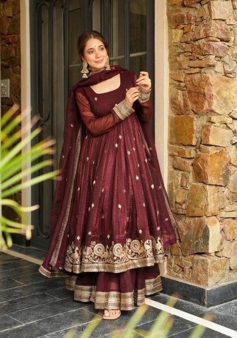 Chocolate Embroidered Silk Blend Anarkali Set