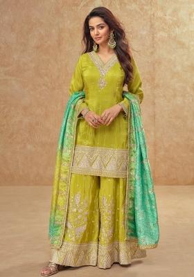 Olive Embroidered Silk Blend Kurta Set